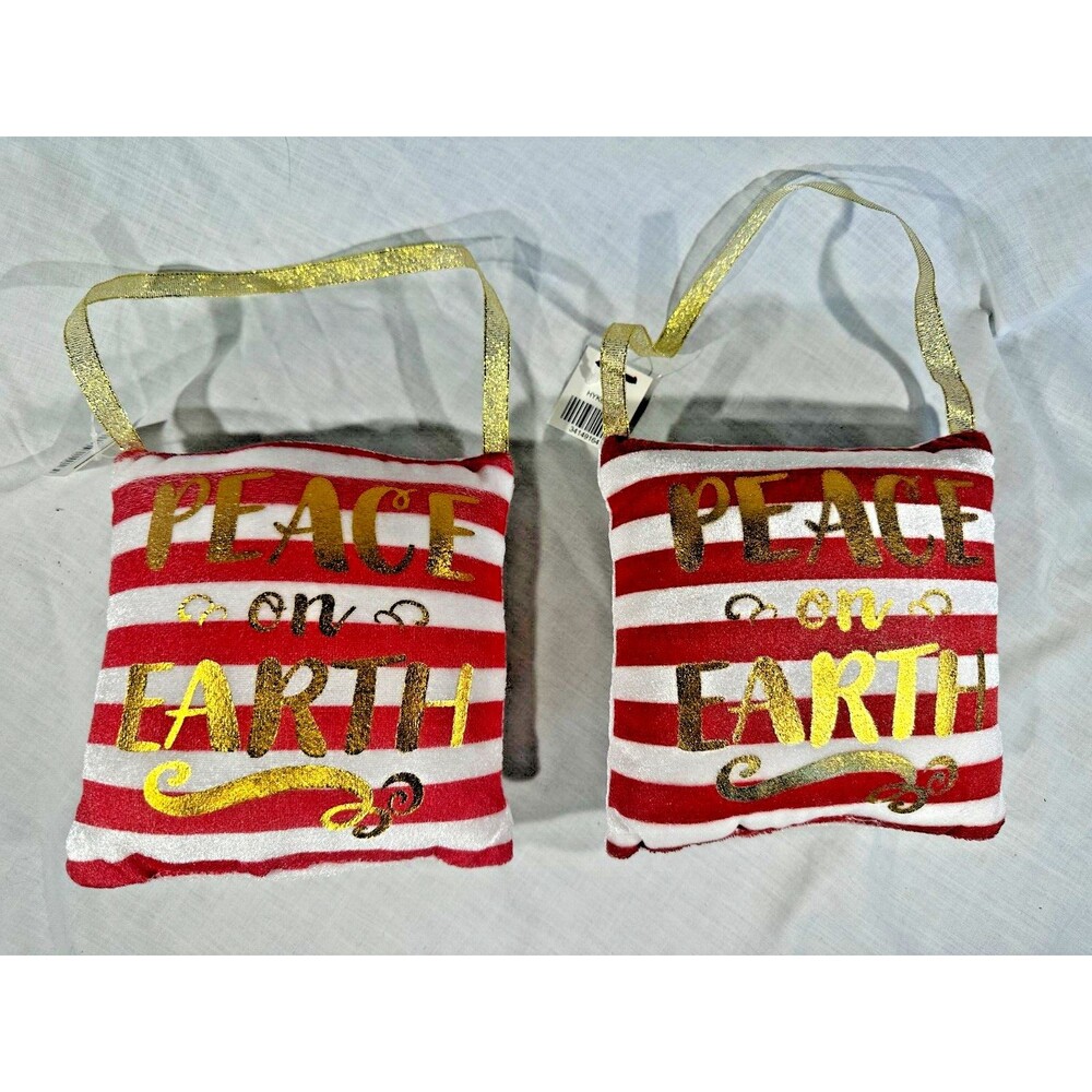 NEW Set of 2 Hanging Christmas Holiday Door Knob Pillows 6x6" - Peace on Earth
